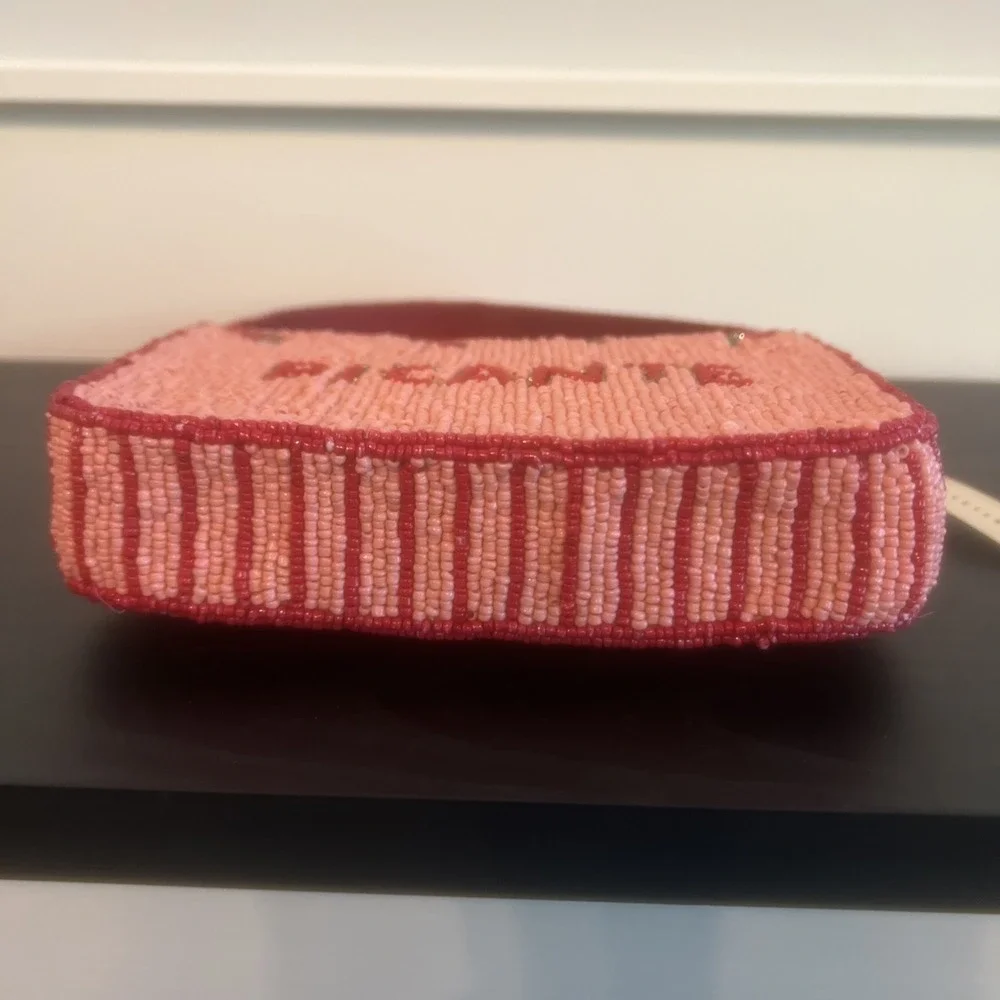 NEW-Handcrafted In India Beaded Chili Peppers Pink Red Striped Shoulder Bag